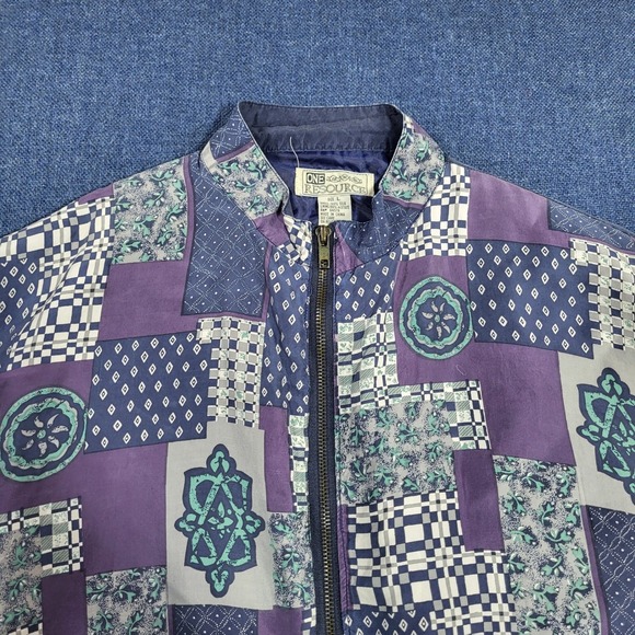ONE RESOURCE Vintage Silk Patchwork Bomber Jacket Purple Blue Print Zip Up L - Picture 5 of 10